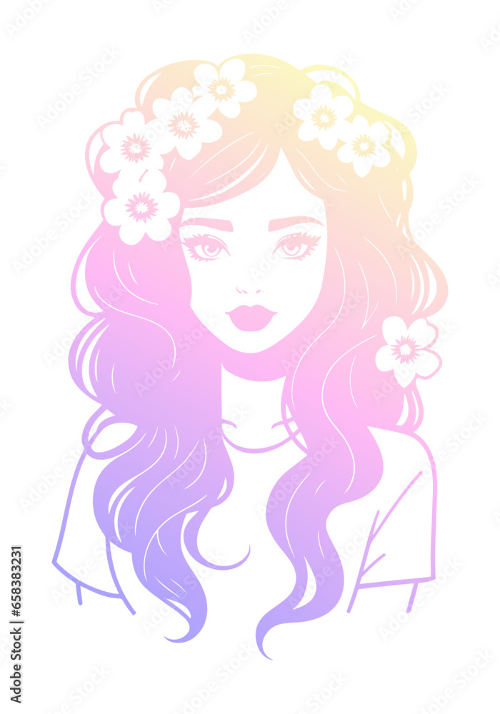 Portrait of young woman. Silhouette of a girl with soft purple to yellow gradient. Vector illustration. Portrait of young woman. Silhouette of a girl with soft purple to yellow gradient. Vector illustration.