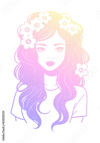 Portrait of young woman. Silhouette of a girl with soft purple to yellow gradient. Vector illustration.