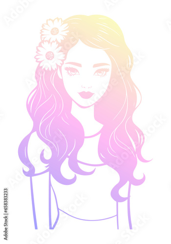 Portrait of young woman. Silhouette of a girl with soft purple to yellow gradient. Vector illustration.