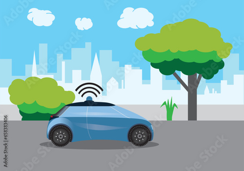 Electric self driving car in green environment. Autonomous car is driving with wireless waves over city background. Ecology and smart techonology concept, vector illustration. photo