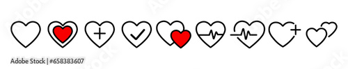 Heart and heartbeat icon collection. Concept of medicine. Heart rate vector signs of medicine. Heart shapes in flat linear style. Vector icons on a white background, eps10