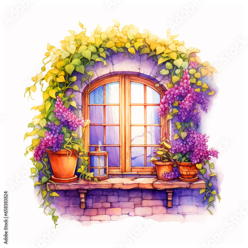 Vintage window surrounded by purple flowers watercolor painted ilustration