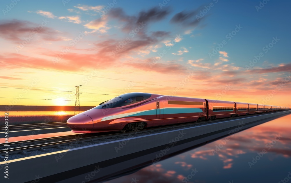 Obraz premium High speed train moving fast at a sunset