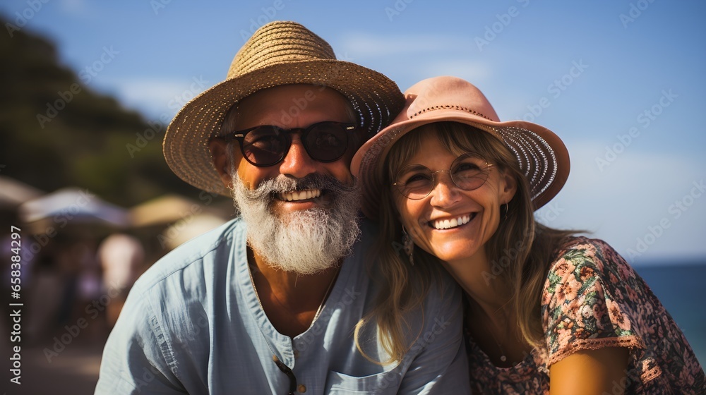 The older couple seems very happy on their vacation together. 