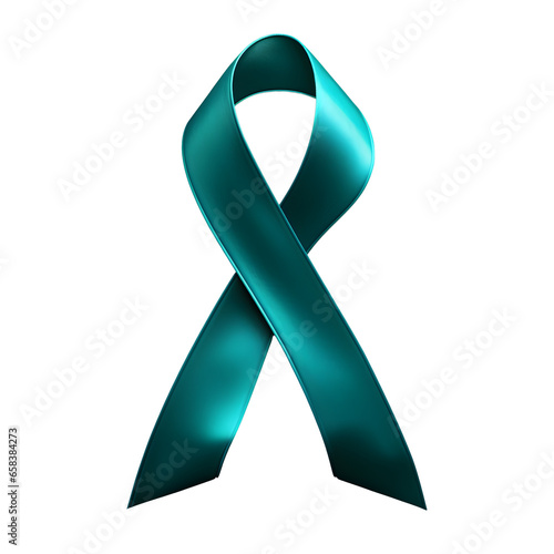 teal color awareness ribbon, raise awareness for ovarian cancer, sexual assault -  isolated on white photo