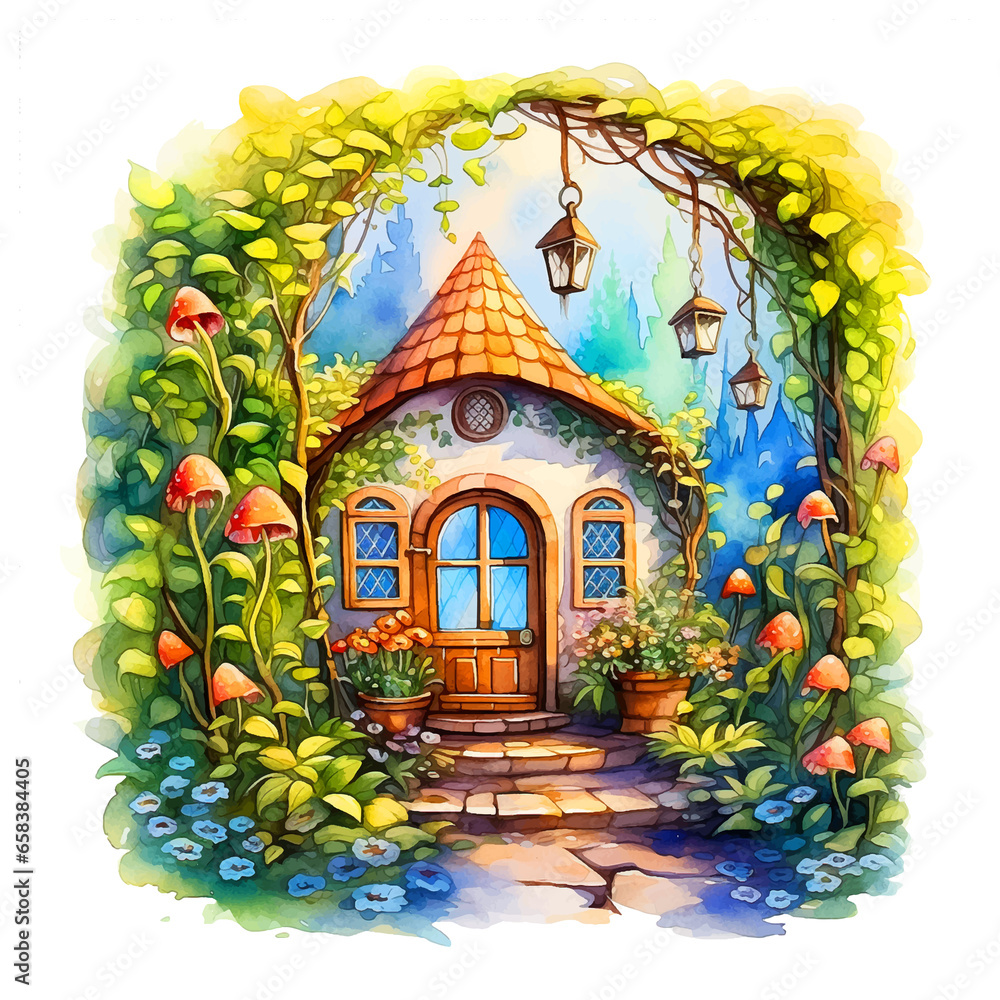  Fairy tale house surrounded by nature and flowers watercolor painted vector