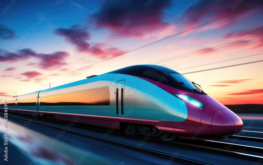 High speed train moving fast at a sunset High speed train moving fast at a sunset