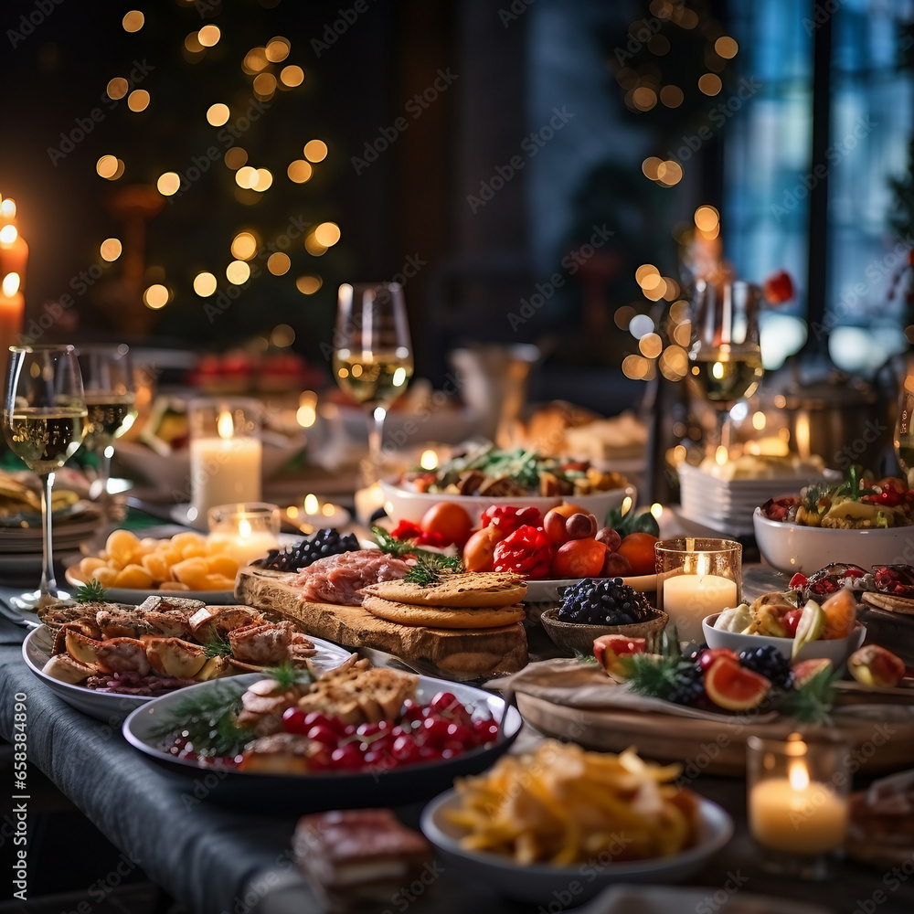 Festive Christmas Dinner Table Adorned with Spruce Branches, Garlands, and Exquisite French Provence Style Decorations Festive Christmas Dinner Table Adorned with Spruce Branches, Garlands, and Exquisite French Provence Style Decorations