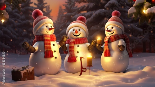 snowman on the snow singing christmas carols