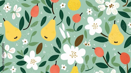  a pattern of fruit and flowers on a green background with leaves and flowers. generative ai