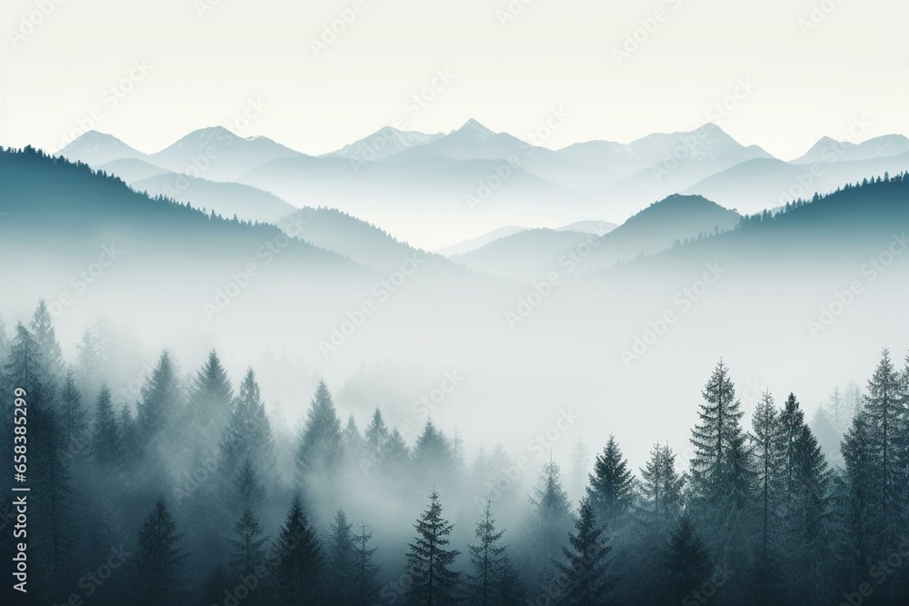 Misty mountains with fir forest and text space. Generative AI