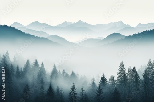 Misty mountains with fir forest and text space. Generative AI