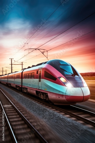 High speed train moving fast at a sunset
