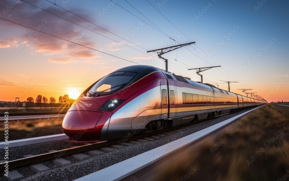 Fototapeta premium High speed train moving fast at a sunset