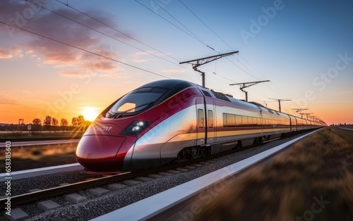 High speed train moving fast at a sunset