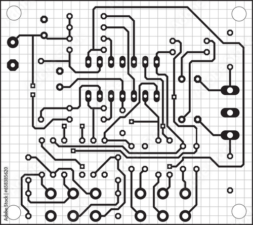 Electric background. Vector pcb pattern. 
Printed circuit board of an electronic 
device with
conductors and contact pads placed on it. 
Engineering drawing with grid.