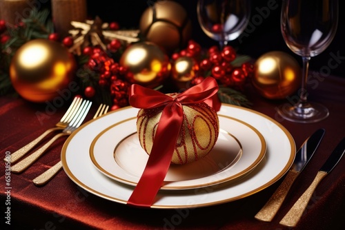 A beautifully decorated Christmas table setting with festive red, gold and silver accents creates a warm and elegant ambiance.