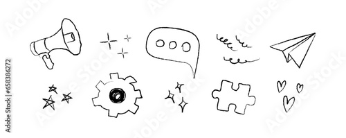 Sketch social media design elements. Hand drawn megaphone, message speech bubble icon, settings gear emoji, paper plane, sparks, puzzle, curves and hearts in doodle style (Full Vector)
