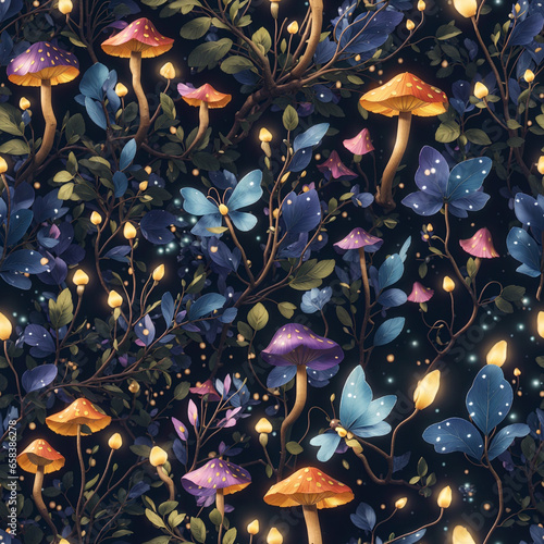 Glowing Night Mushrooms Art Seamless Pattern Colorful Digital Background Artwork Design - ai generated