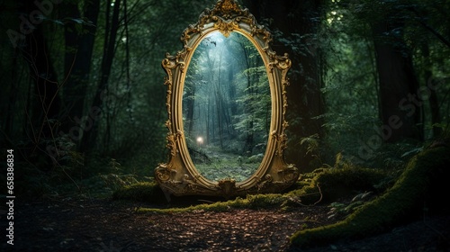 Dark mysterious forest with a magical magic mirror, a portal to another world. Night fantasy forest. photo