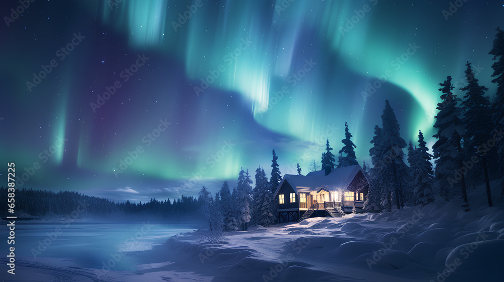 aurora borealis in the winter forest - obrazy, fototapety, plakaty 