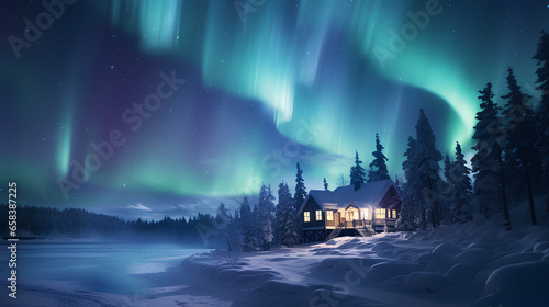 aurora borealis in the winter forest