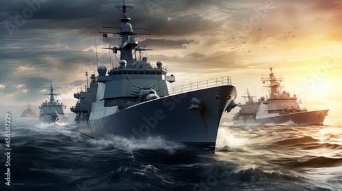 Photo Modern warships in the Atlantic ocean. Generation AI