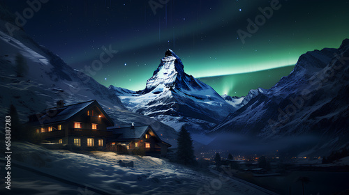night view of the mountains and the village in the background with aurora borealis