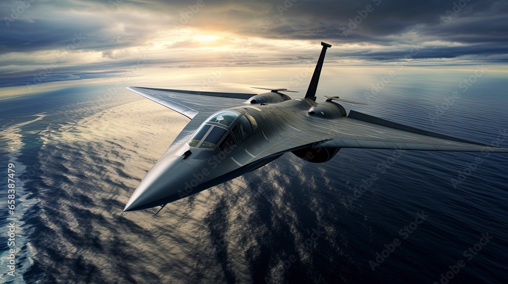Modern military supersonic aircraft over the Atlantic Ocean. Generation AI - obrazy, fototapety, plakaty 