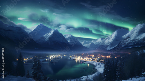 night landscape with a mountain and aurora borealis in the background. photo