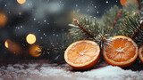 christmas background with tangerines and fir tree branches