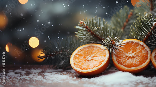 Tableau sur toile christmas background with tangerines and fir tree branches