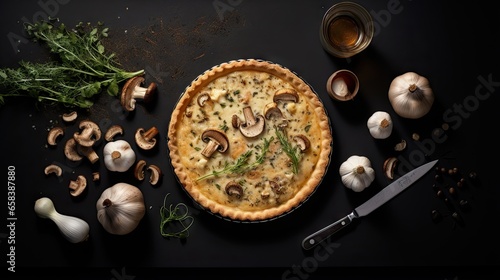  a quiche with mushrooms and herbs on a black surface.  generative ai