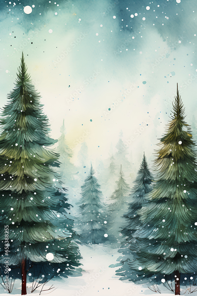 christmas background with snowy fir trees.