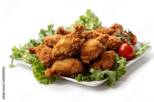 Fried chicken wings with lettuce and cherry tomatoes on white background.