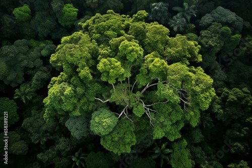 Aerial rainforest tree, dense with evergreen leaves, representing carbon footprint reduction and decarbonization. Generative AI