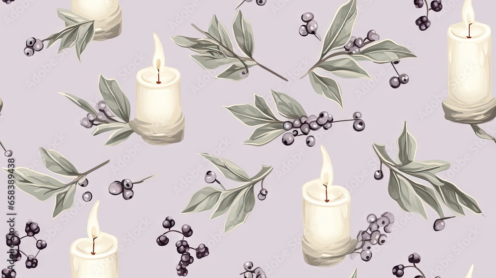 a pattern of candles with olives and leaves on a purple background. generative ai a pattern of candles with olives and leaves on a purple background. generative ai