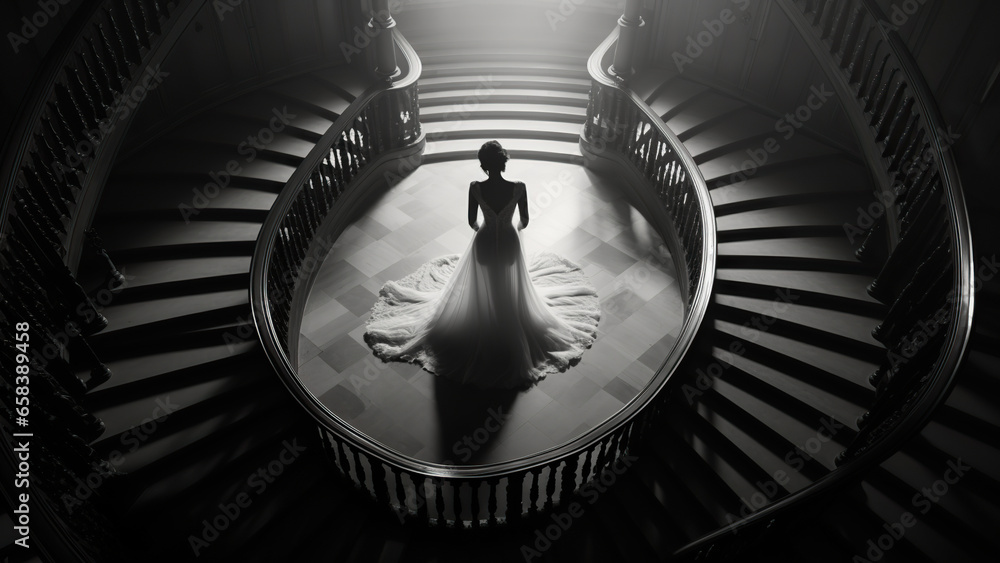 From a drones perspective, explore high bridal fashion through a series of black and white portraits with dramatic spiral staircases in a mansion setting as the backdrop. The models should be wearing.
