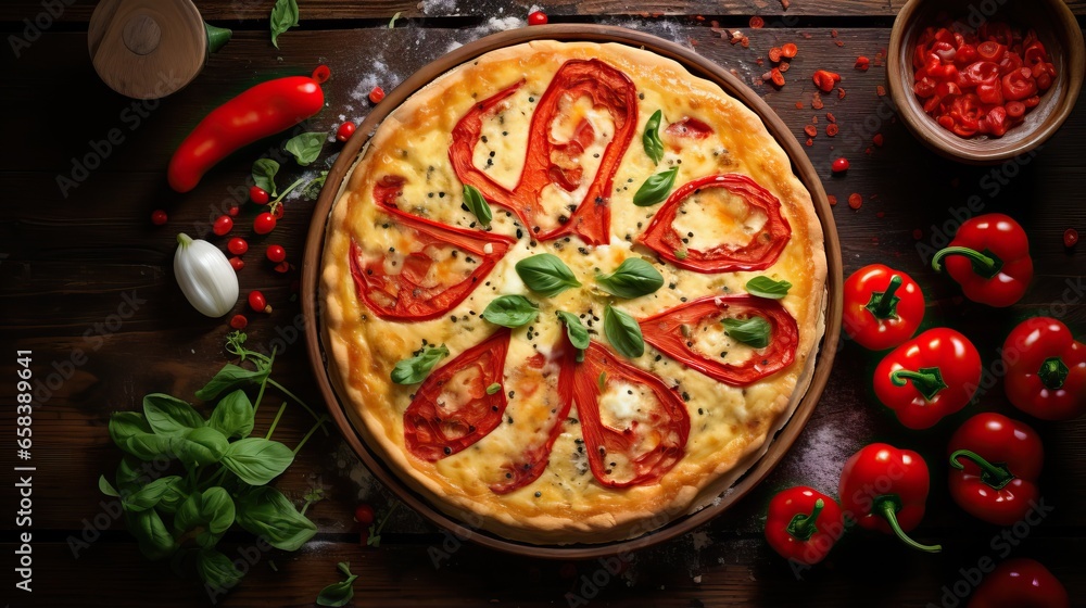  a pizza with tomatoes and basil on a wooden table next to peppers.  generative ai