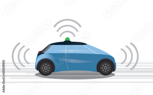 Electric self driving car with wireless waves. Autonomous car is driving on road. Ecology and smart techonology concept, vector graphic illustration. photo
