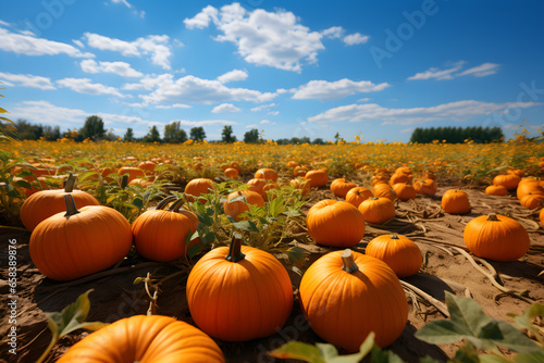 Pumpkin field in autumn with many orange pumpkins ready for harvest  AI Generated