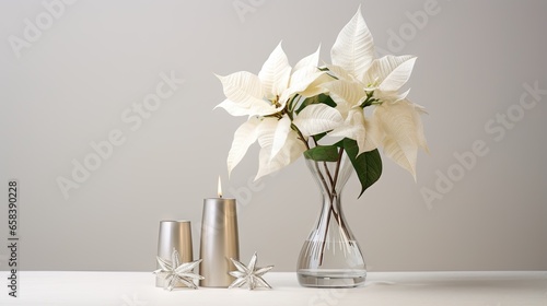  a vase with flowers and candles on a white table top.  generative ai