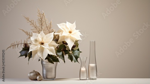  a vase filled with white flowers next to two tall vases. generative ai