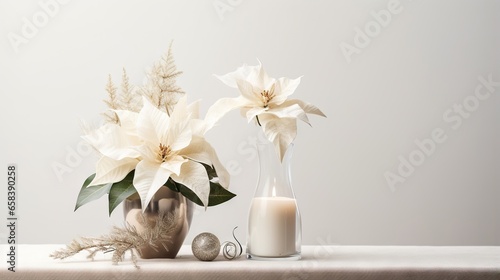  a vase filled with flowers next to a candle on a table. generative ai