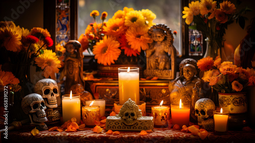 Honoring Ancestors: Skeleton Head, Candle, and Flowers for Day of the Dead © Elvin