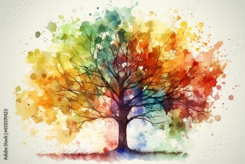 Colorful watercolor painting of a tree with rainbow colors. Generative AI