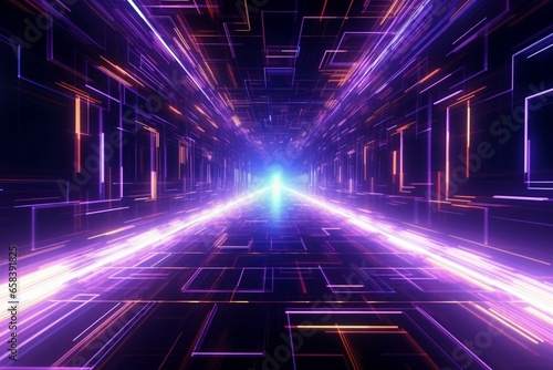 Fly through glowing cyberspace with sci-fi hi-tech tunnel and holographic pattern. 3D seamless 4K data flow background. Generative AI