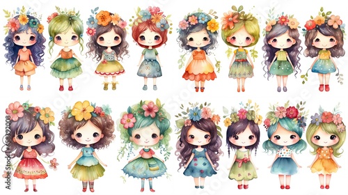 watercolor style cartoon illustration of cute girls wearing fluffy tutu skirt summer and spring fashion with flower crown outfit, collection set, Generative Ai