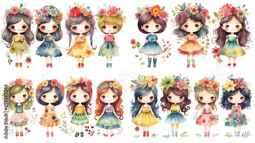 watercolor style cartoon illustration of cute girls wearing fluffy tutu skirt summer and spring fashion with flower crown outfit  collection set  Generative Ai