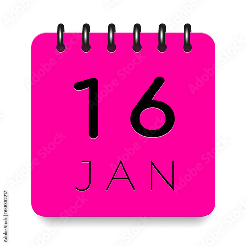 16 day of the month. January. Pink calendar daily icon. Black letters. Date day week Sunday, Monday, Tuesday, Wednesday, Thursday, Friday, Saturday. Cut paper. White background. Vector illustration.